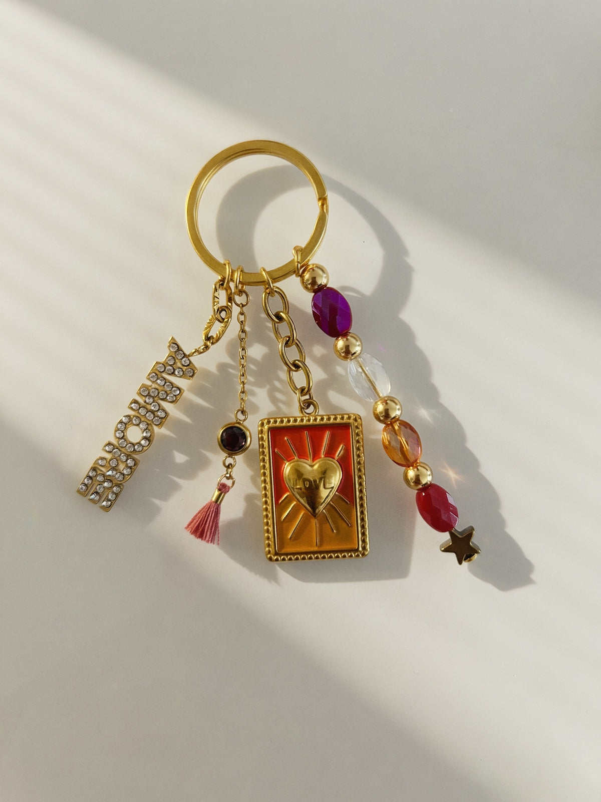 Porte-clés Bag Charm AMOUR - Carte Tarot Love & Perles Multicolores - Acier Inoxydable Doré