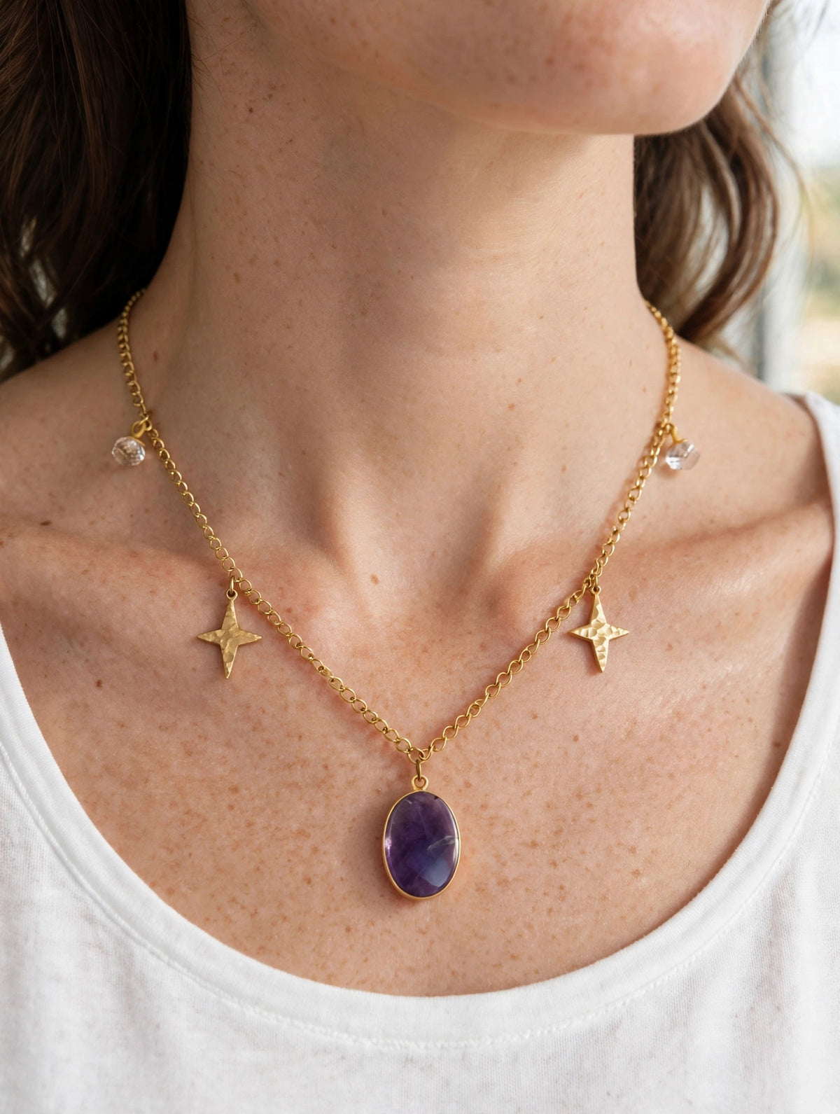 Collier Améthyste Violette Étoiles Dorées - Charms Celeste Acier Inoxydable